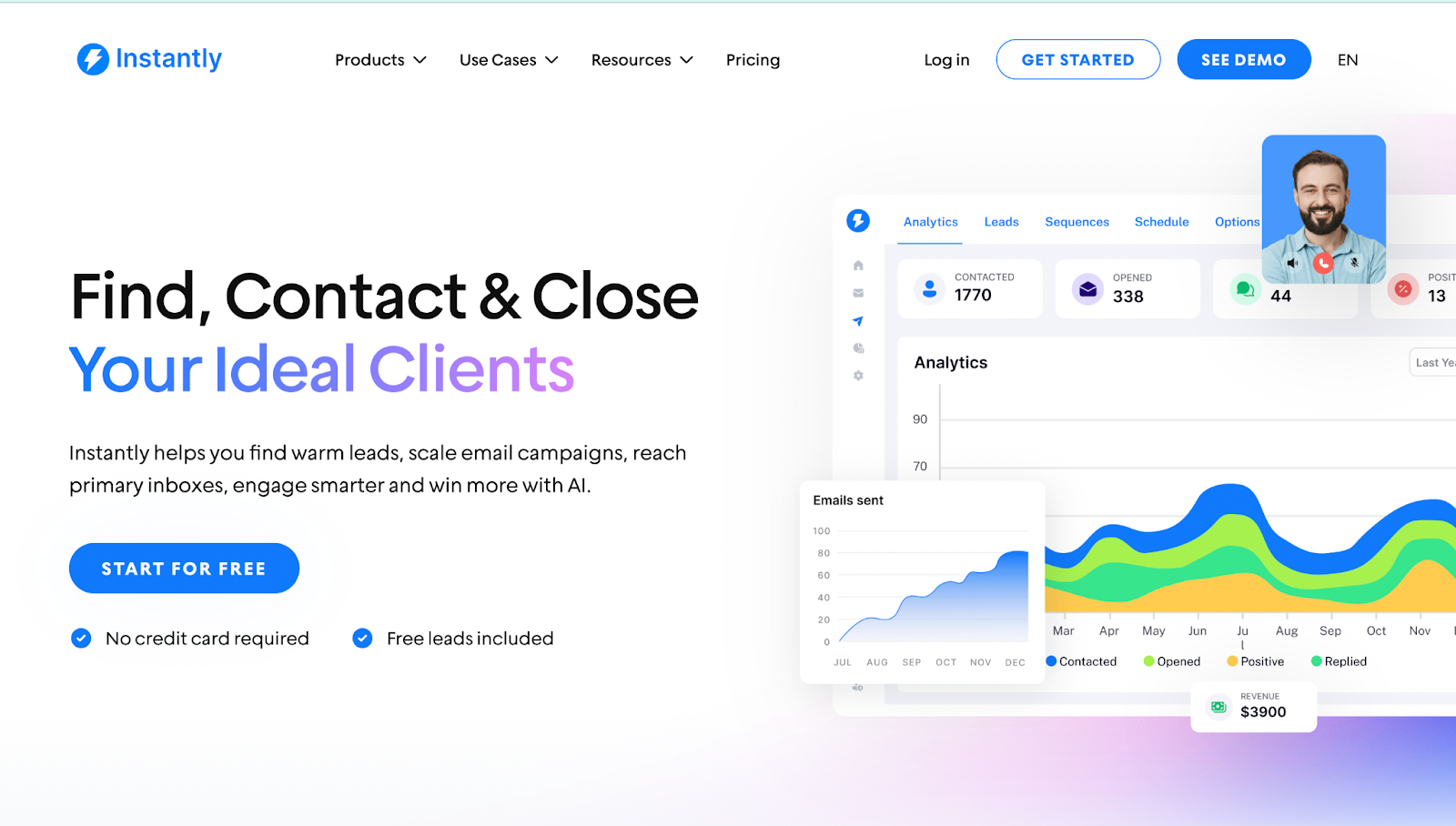 Screenshot of Instantly homepage showing outreach platform with warm-up features. 