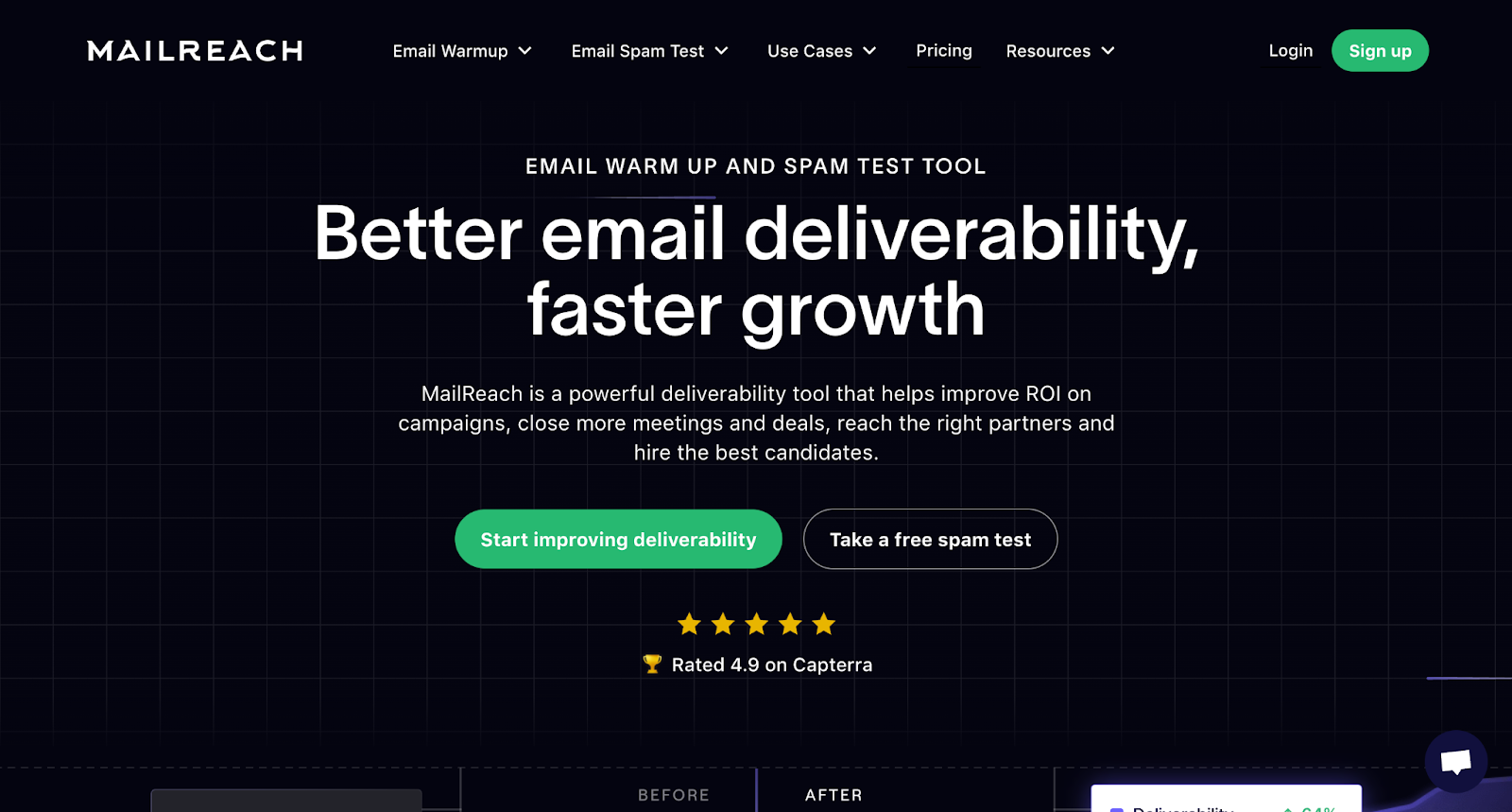 Screenshot of MailReach homepage with deliverability dashboard and inbox placement tools.