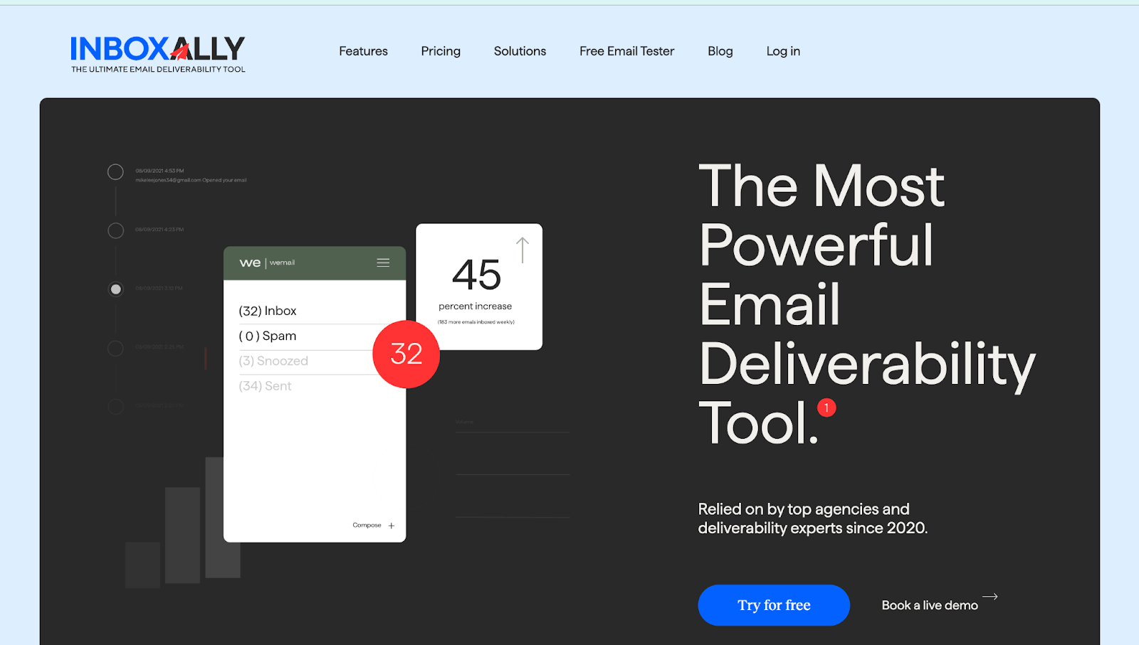 Screenshot of InboxAlly homepage with engagement metrics like clicks, scrolls, and inbox placement.