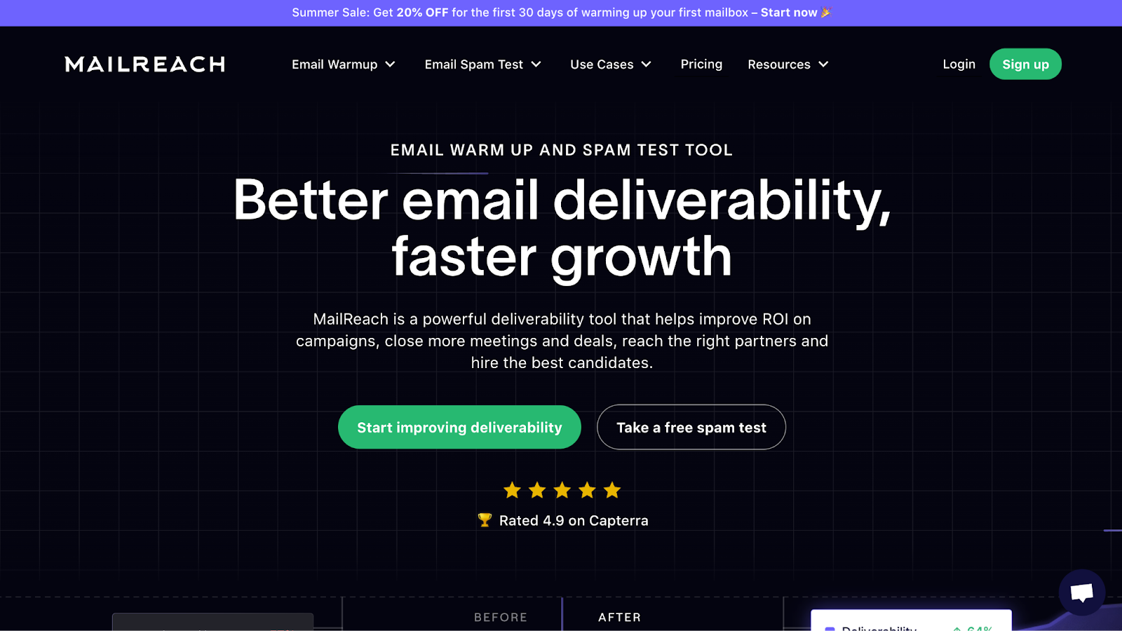 Screenshot der MailReach-Homepage, der das B2B-E-Mail-Zustellbarkeitsangebot mit primären CTA-Schaltflächen zeigt.