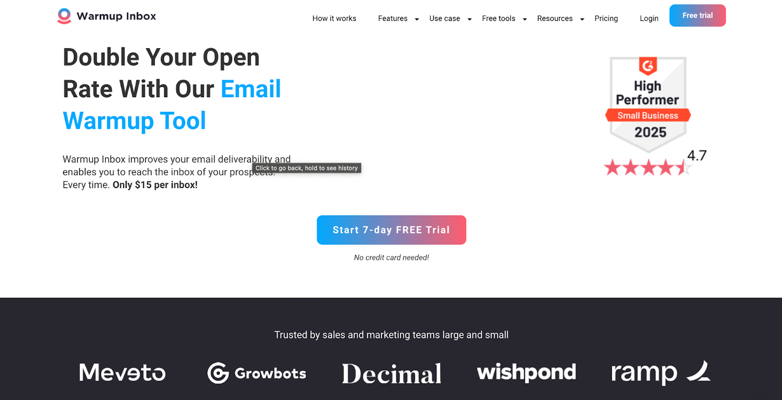 Warmup Inbox homepage screenshot describing simple per-inbox warm-up and placement reporting.