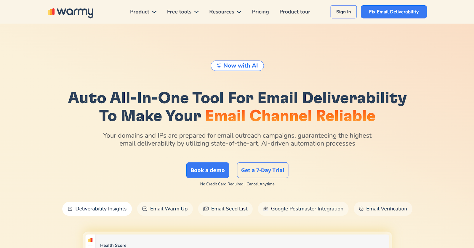 Warmy homepage screenshot emphasizing inbox placement testing and Google Postmaster integration. 