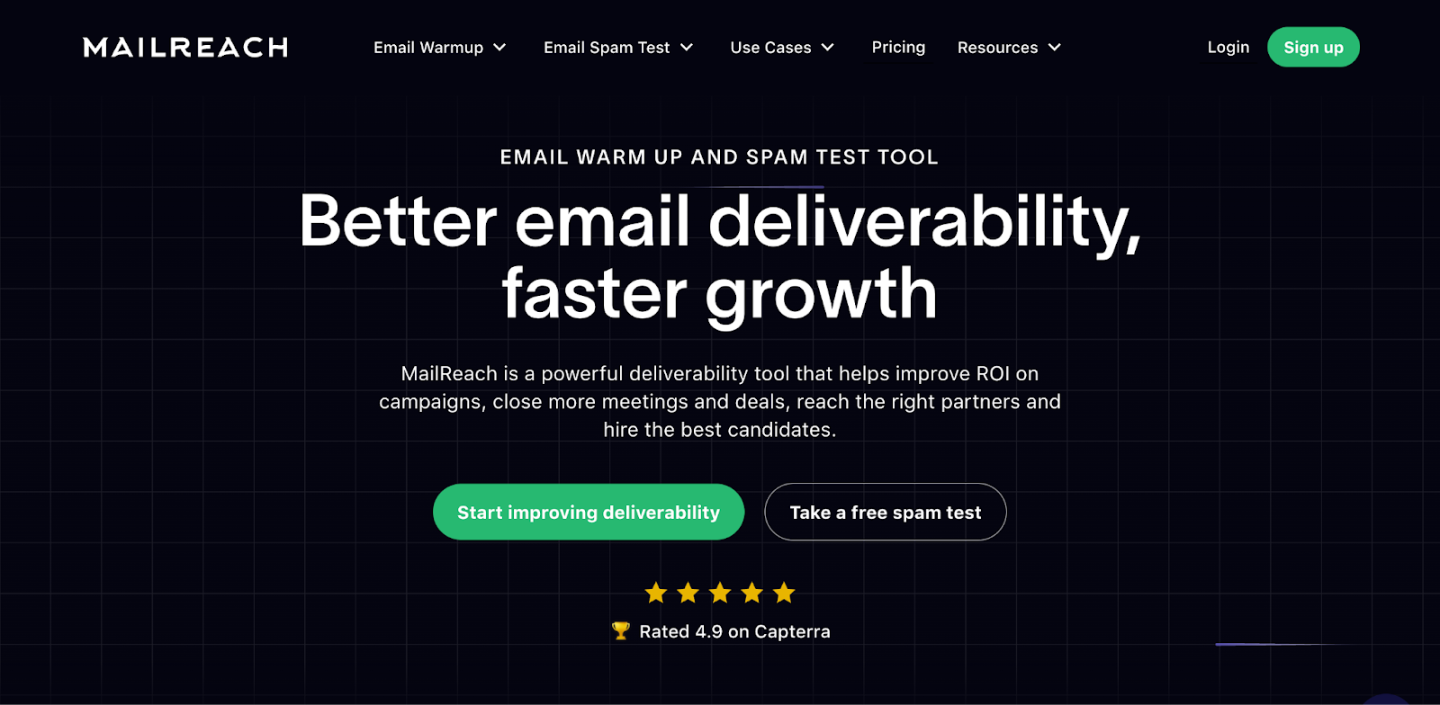 MailReach homepage with call-to-action buttons for improving deliverability and taking a free inbox placement test.