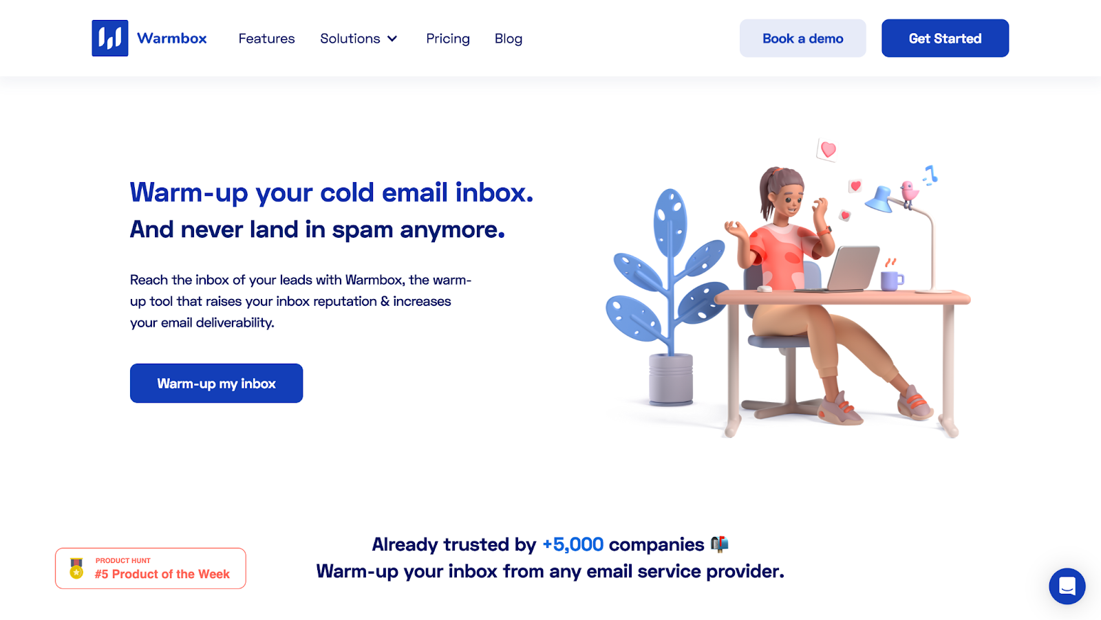 Warmbox homepage with CTA button, Product Hunt badge, and note that it’s trusted by 5,000+ companies.