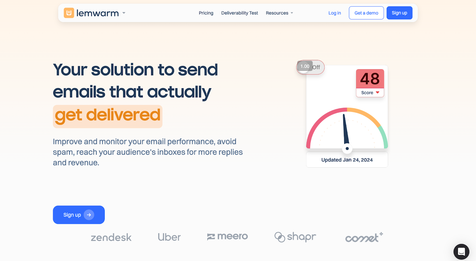Lemwarm homepage showing headline ‘Your solution to send emails that actually get delivered,’ with deliverability score gauge and sign-up button.