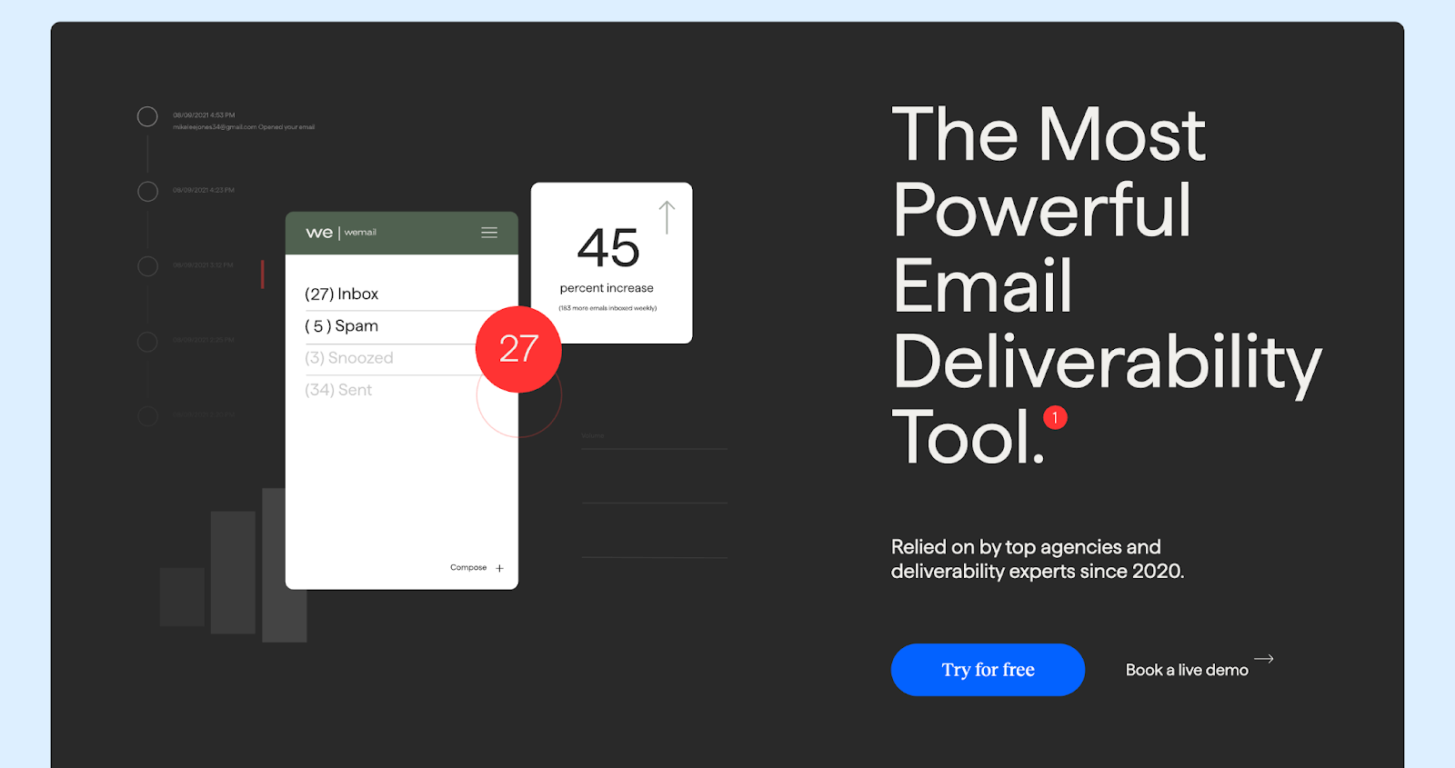 InboxAlly homepage showing inbox placement stats, 45% increase metric, and CTAs to try for free.