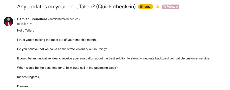 An example of warming email generated by MailReach