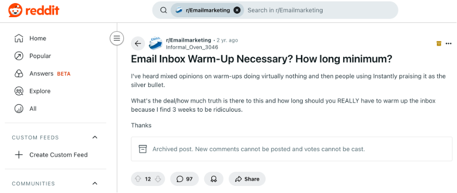 A screenshot of a Reddit discussion on email warmup