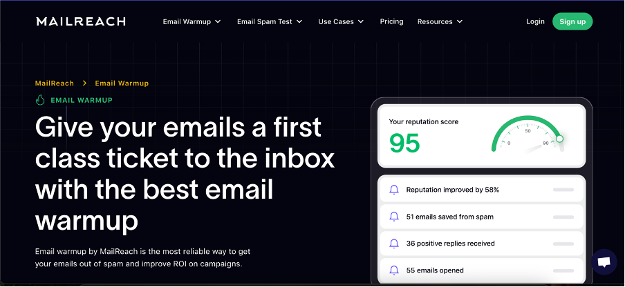 Screenshot of MailReach’s email warmup tool