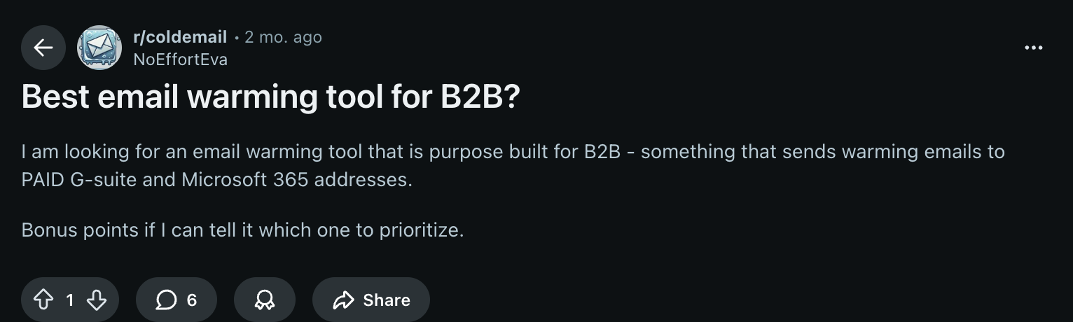 A screenshot of a reddit post on the best email warmup tools