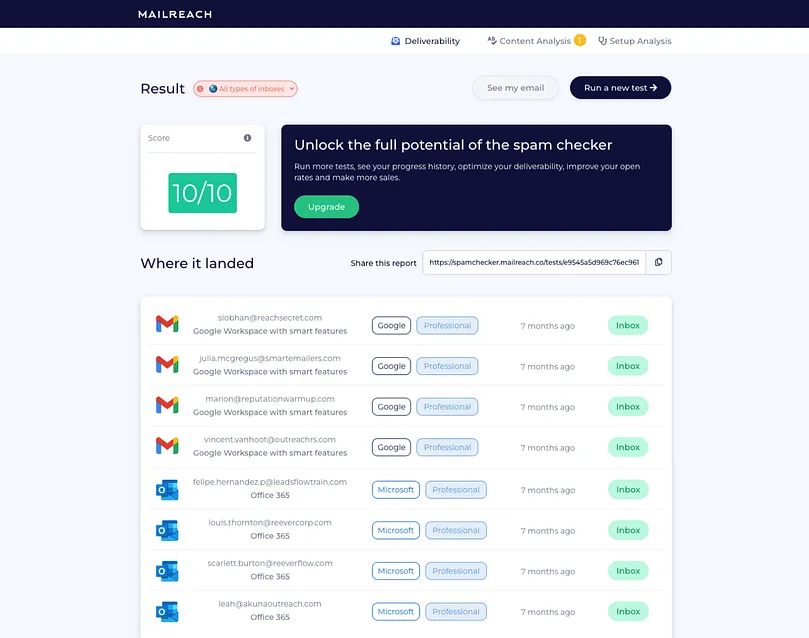 MailReach spam test interface showing inbox placement results across Gmail and Outlook addresses