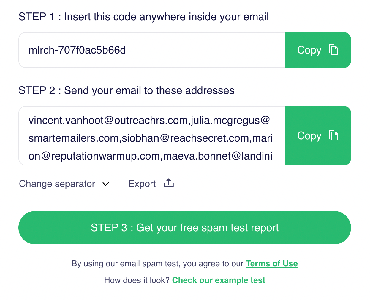 Interface montrant comment insérer le code de test anti-spam MailReach et envoyer un e-mail de test