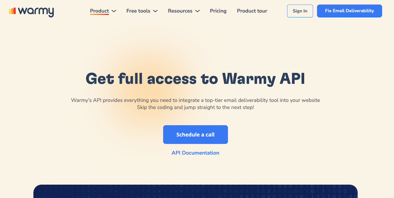 Warmy API page displayed as one of the Zapmail competitors offering programmatic warm-up control