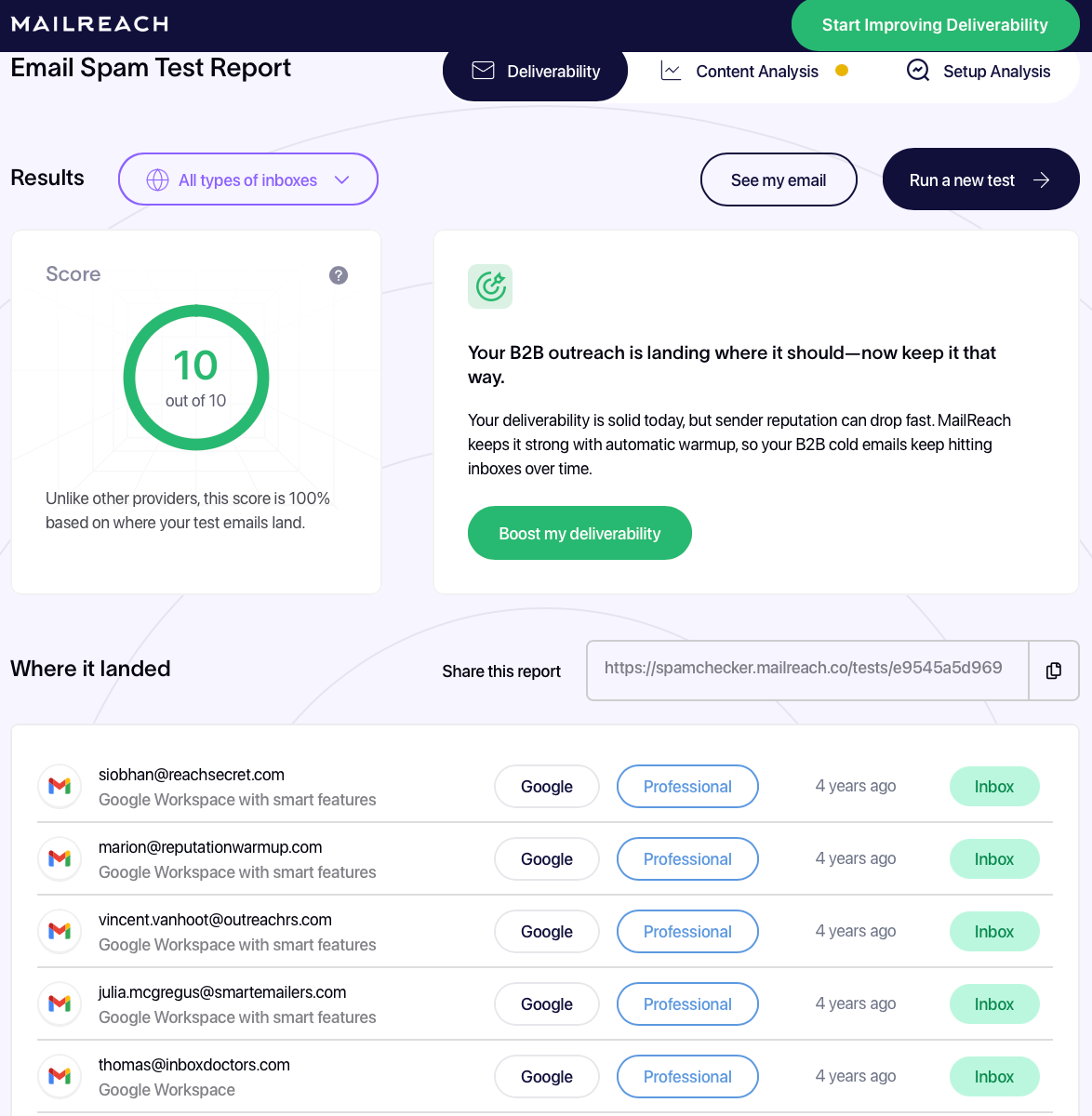 MailReach email spam test report showing deliverability score and inbox placement results