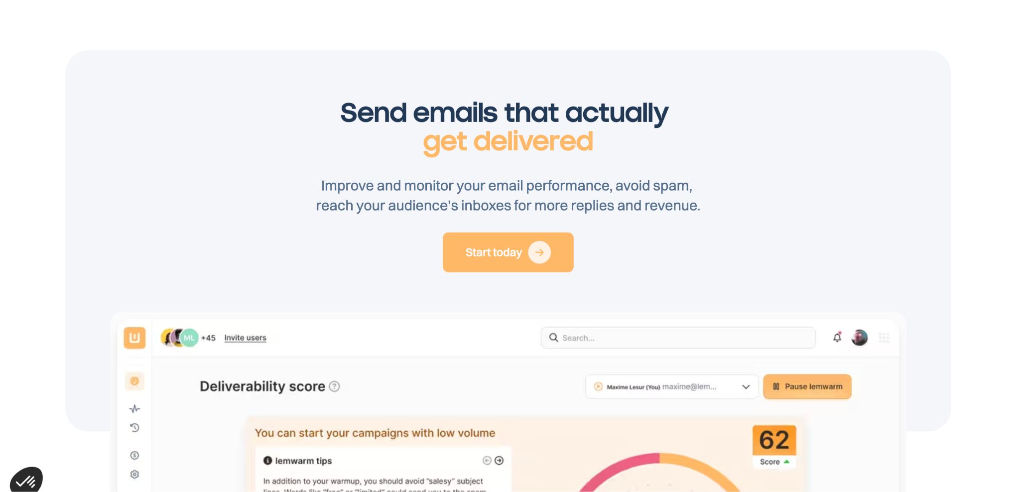 Lemwarm deliverability score dashboard with warm-up status and campaign guidance