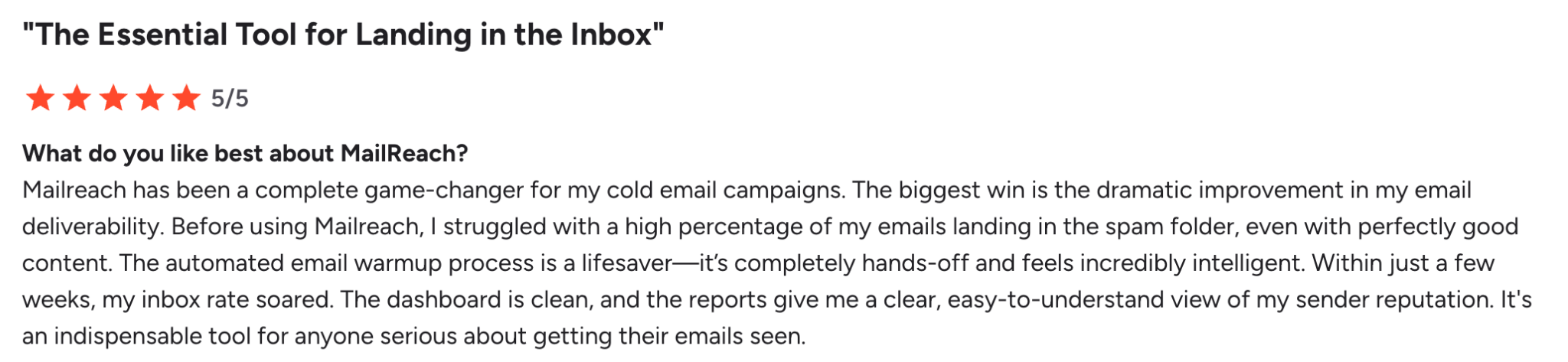 G2 review of MailReach highlighting improved email deliverability and easy-to-understand reporting.