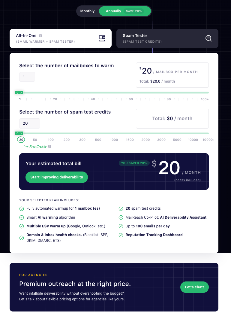 Screenshot of MailReach's pricing page for email warmer and spam tester plan.