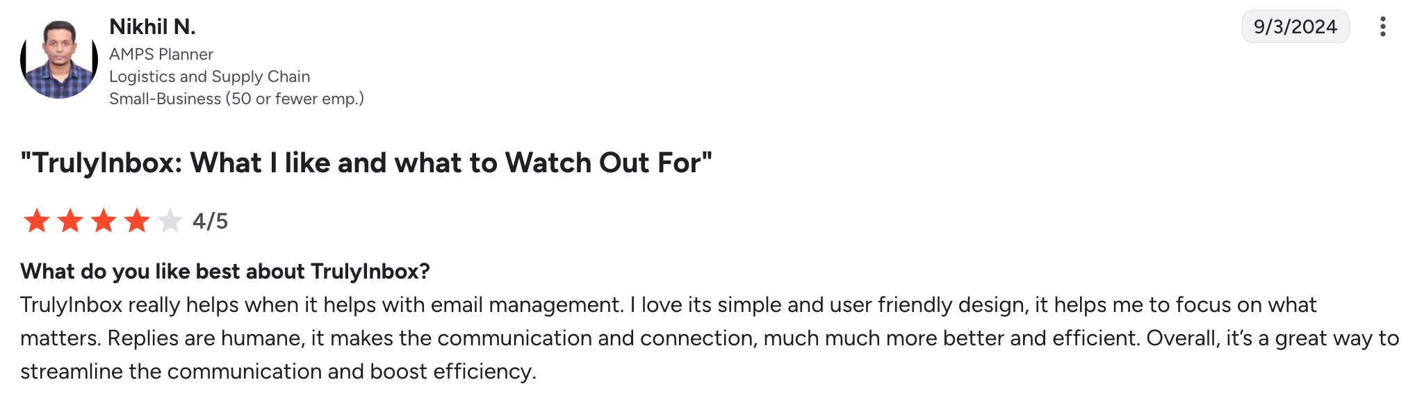 Screenshot of G2 review from a digital marketing expert highlighting TrulyInbox’s easy-to-use interface.