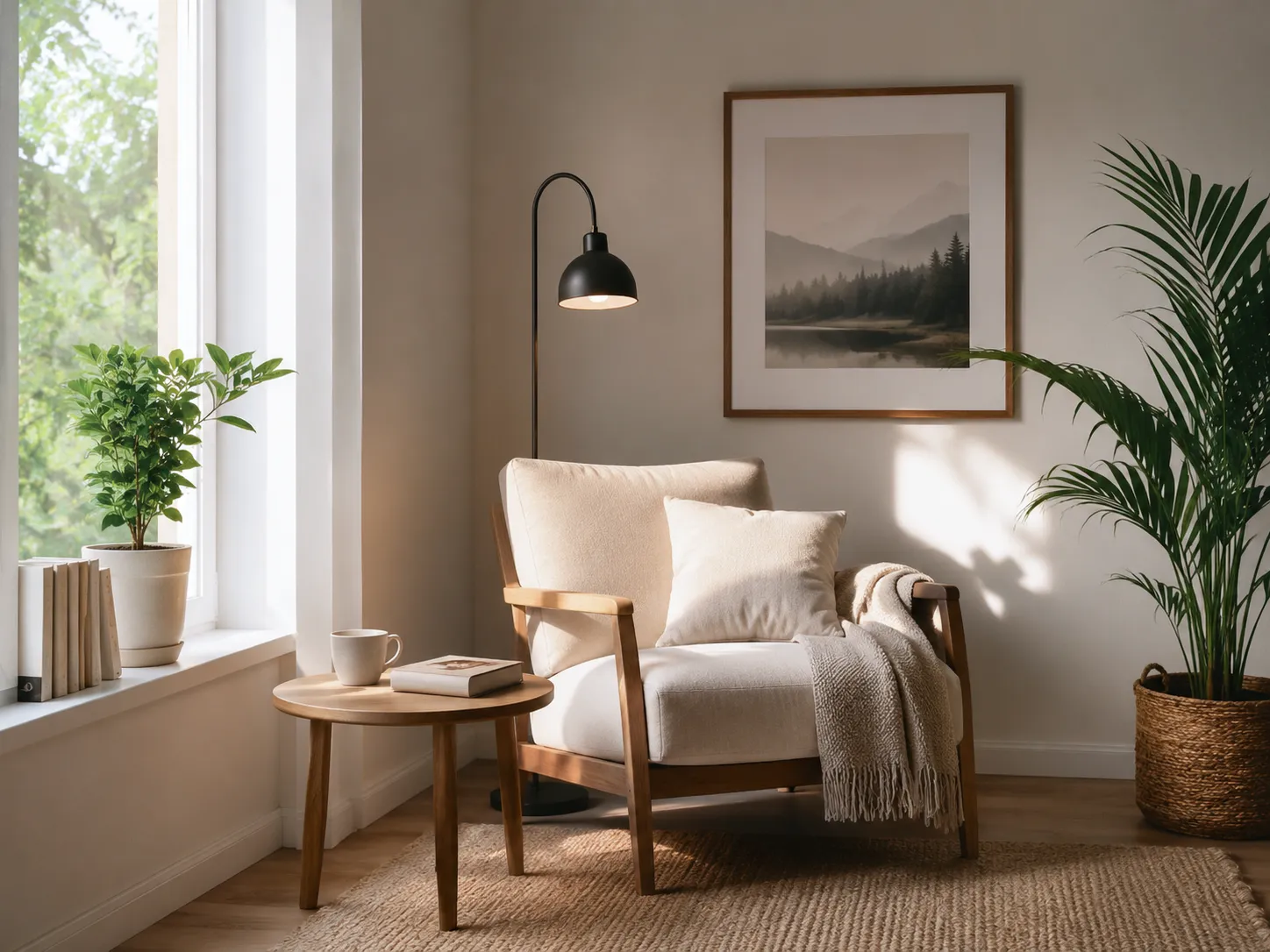 Calm, clutter-free corner with natural light showing how spaces affect emotions