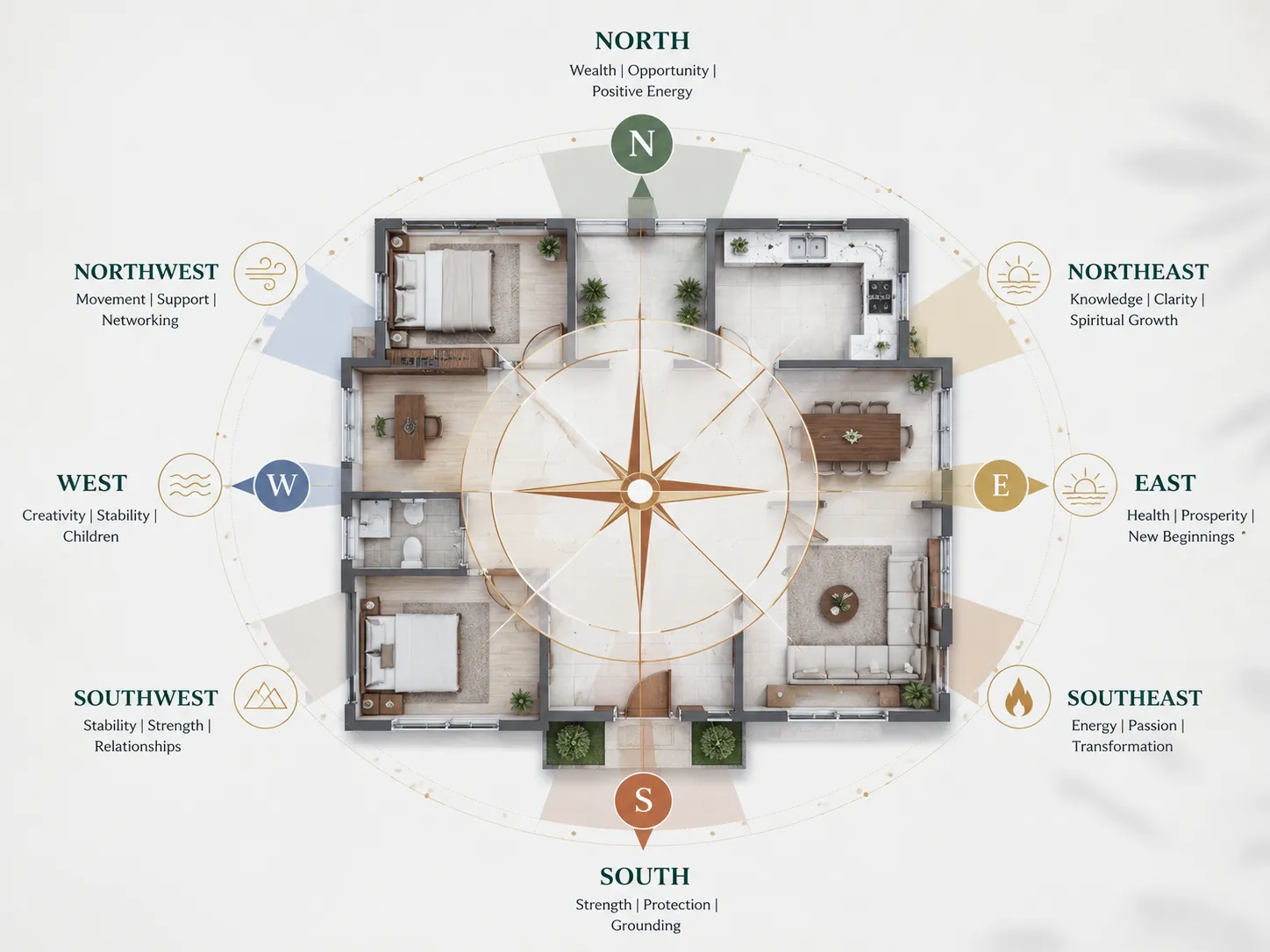 Compass over a home floor plan showing the eight Vastu Shastra directions