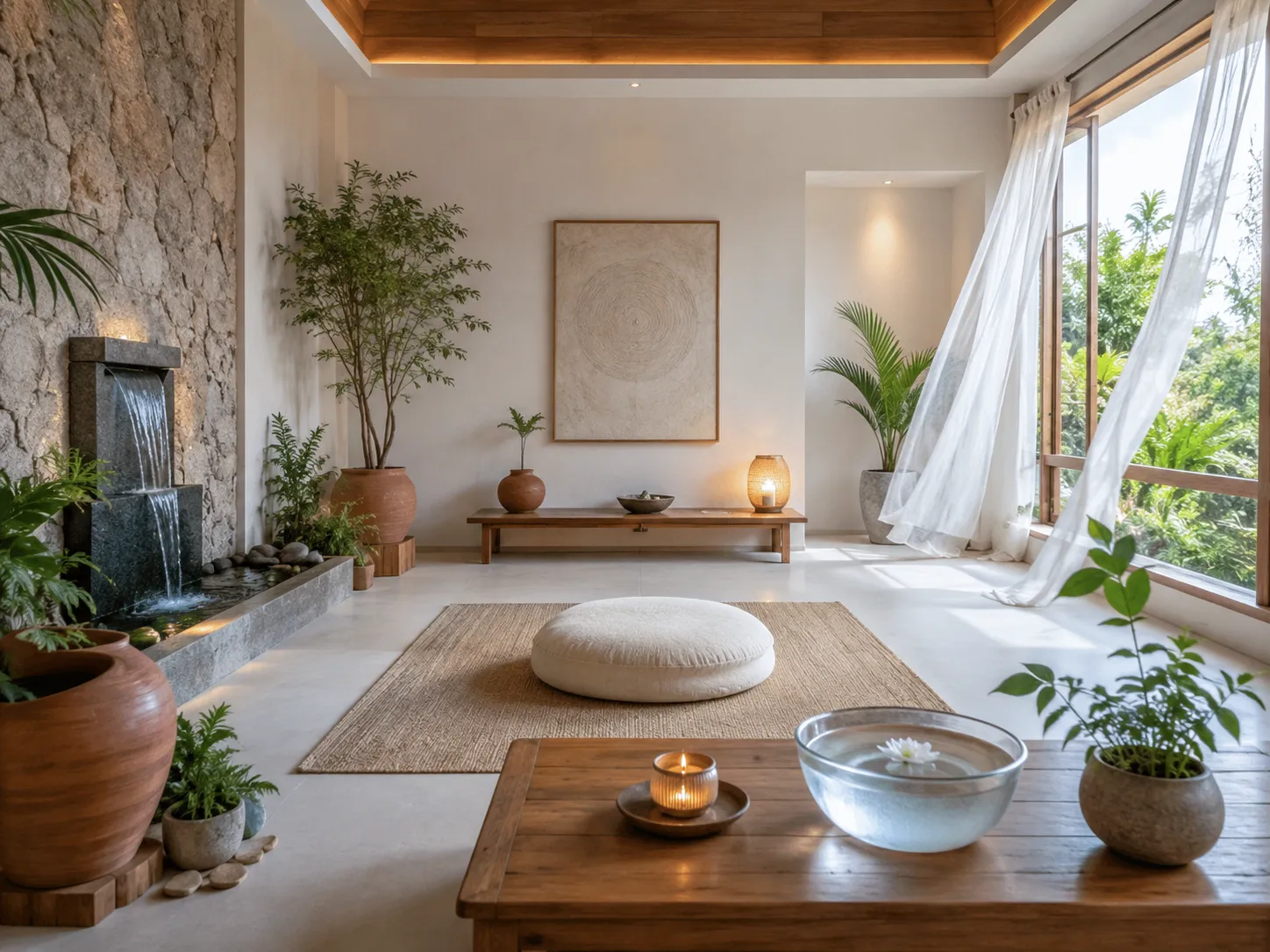 The five elements of Vastu Shastra — earth, water, fire, air and space — represented in a calm home interior