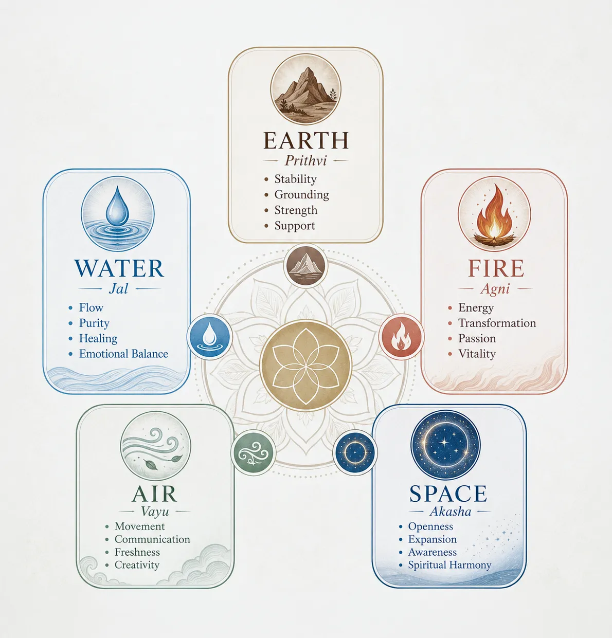 Infographic of the Pancha Mahabhutas: the five elements of Vastu and the qualities each governs