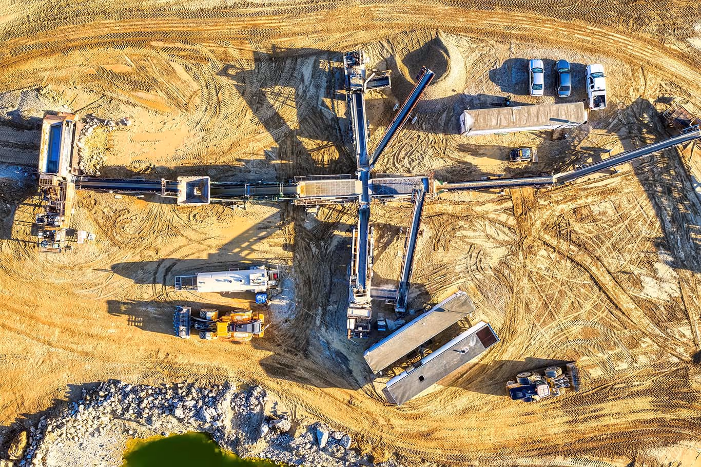 Aerial view of a rock crushing operation.
