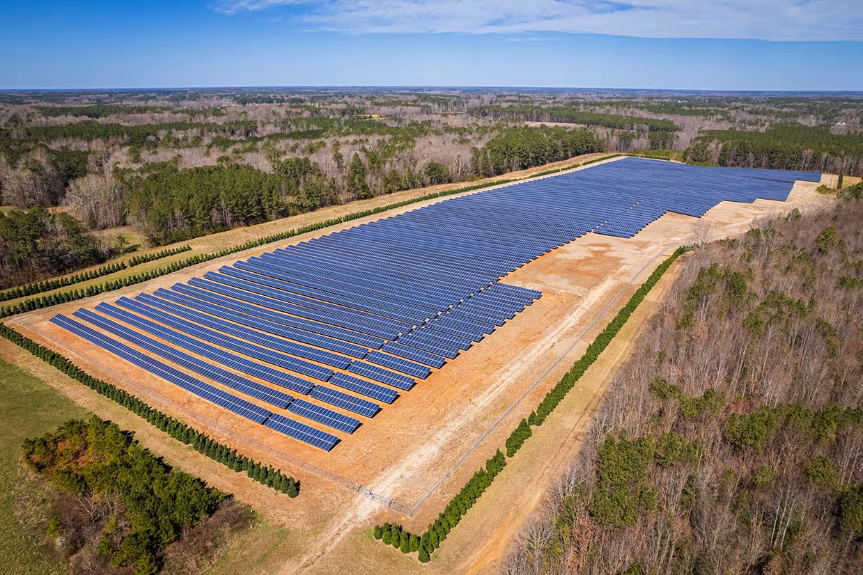 Solar panel farm in a rural landscape.