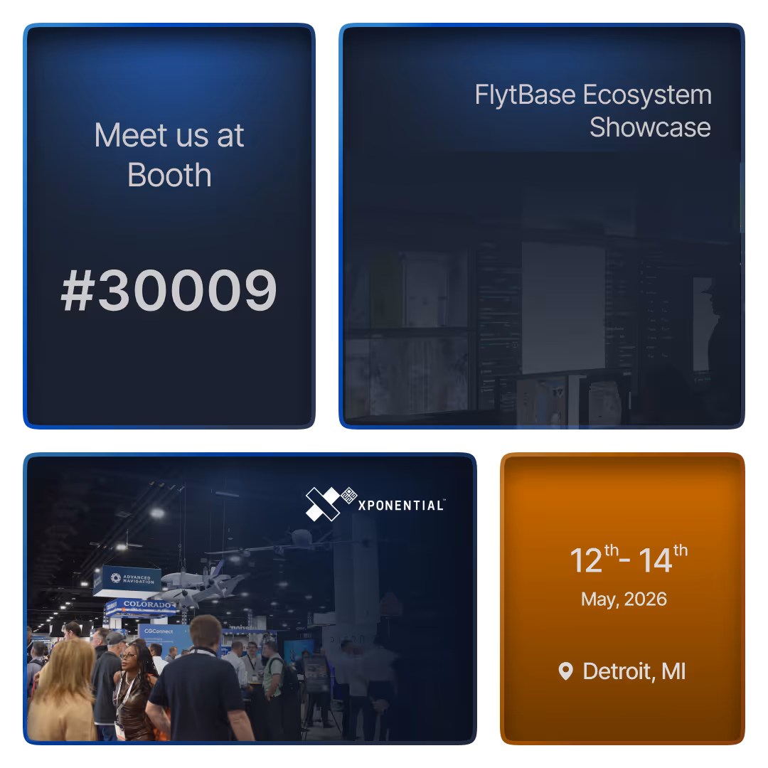 Promotional graphic for Xponential event with FlytBase Ecosystem Showcase at booth #30009, May 12-14, 2026, in Detroit, MI, showing a crowd at an exhibition.