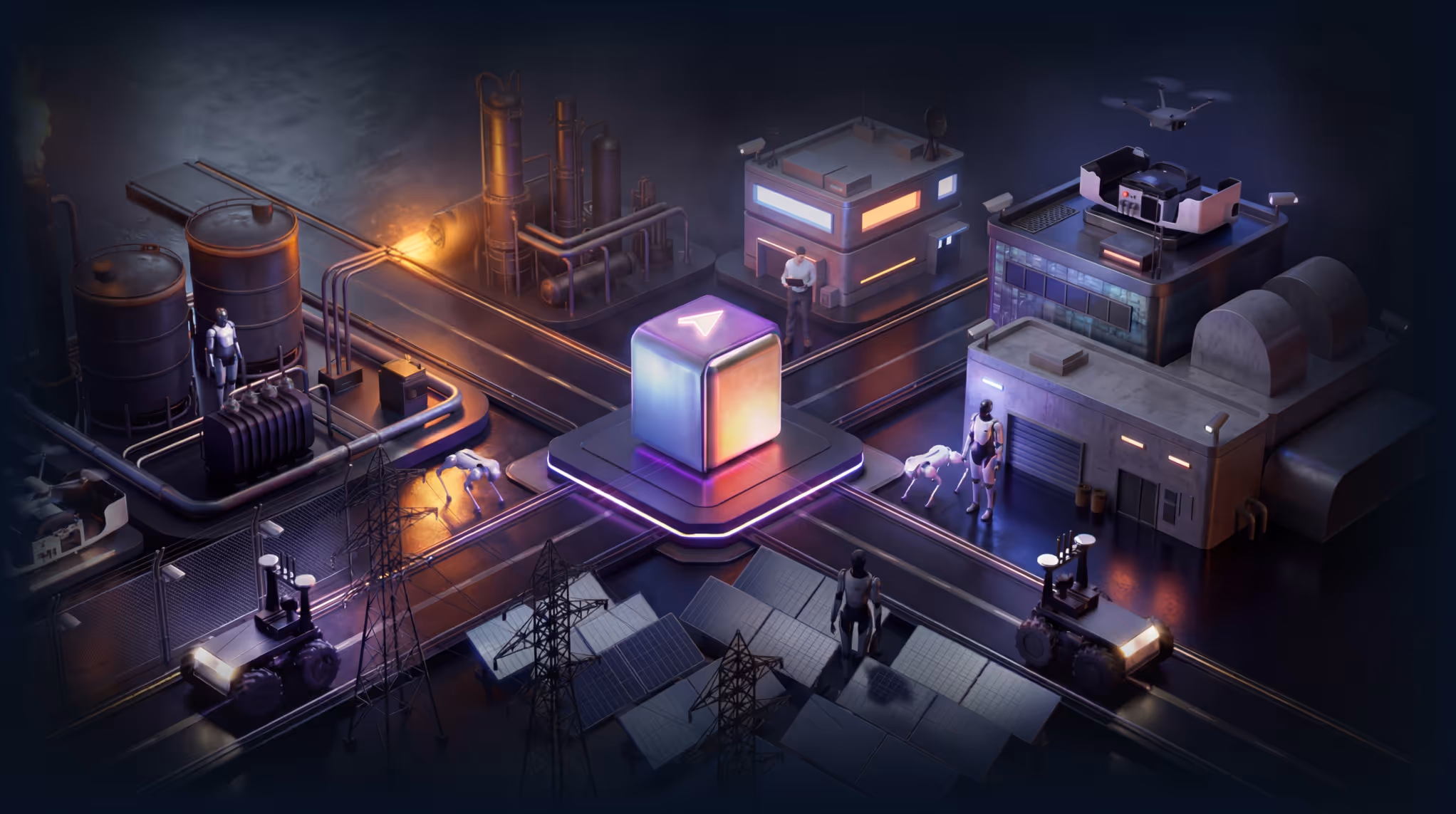 Futuristic industrial scene with robots, robotic dogs, drones, tractors, buildings, and a glowing central cube connected by illuminated pathways.
