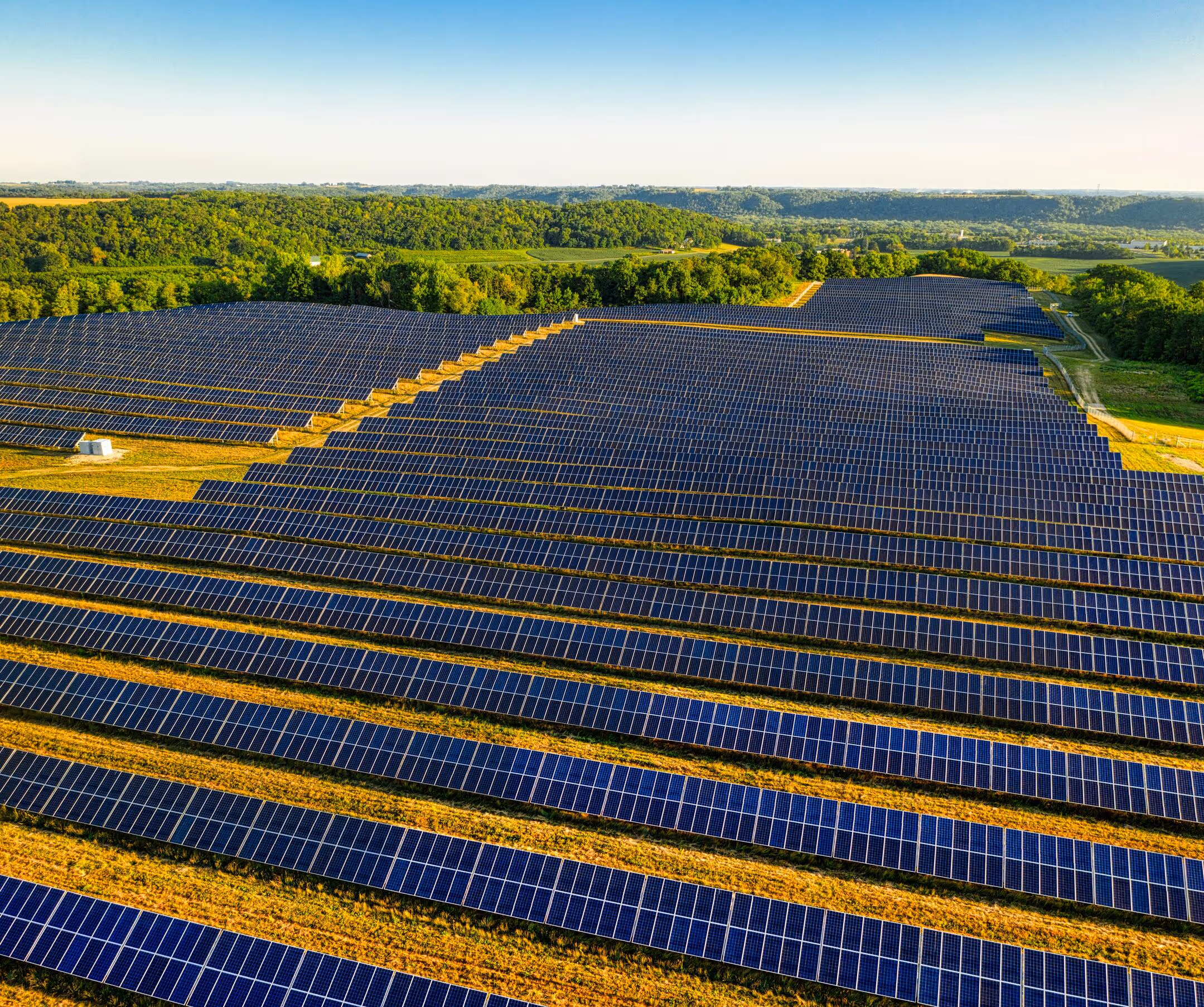 A large solar farm with many rows of blue solar panels on grassy land surrounded by trees and hills under a clear sky.