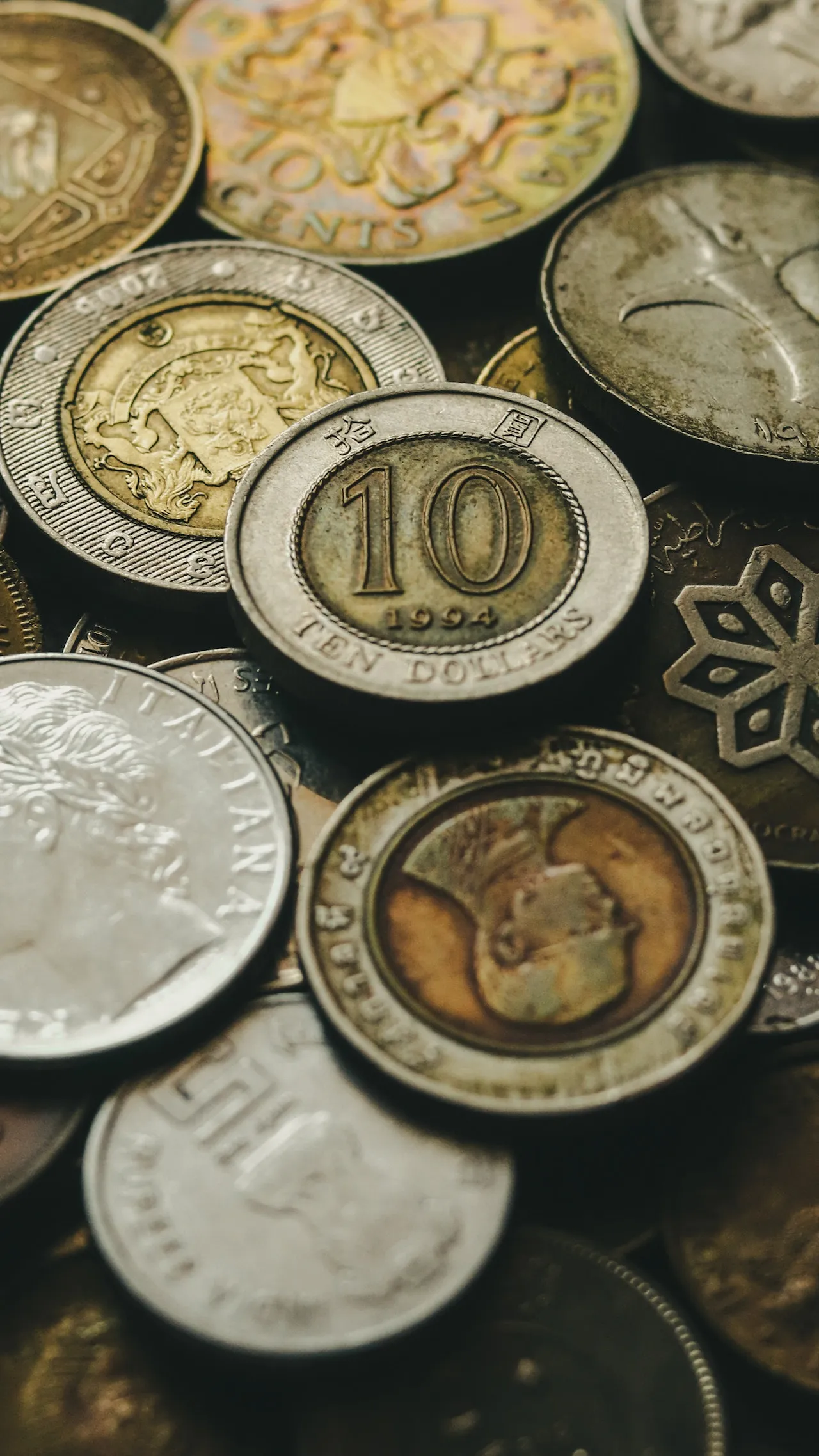 Coins of various denominations from different countries