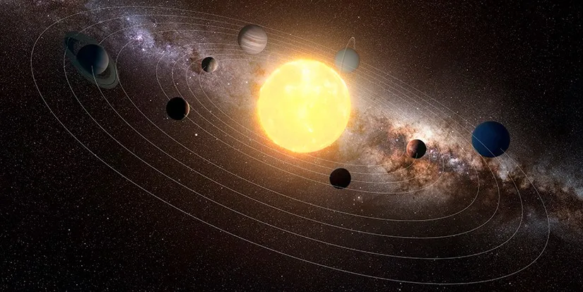 The sun and rotating planets