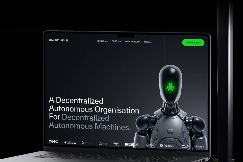 Laptop displaying futuristic DAO-based AI project homepage with humanoid robot illustration and dark neon interface.