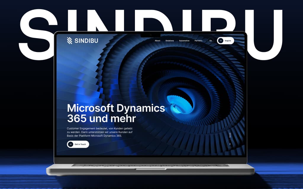 Laptop displaying a website for SINDIBU with a blue abstract spiral background and text about Microsoft Dynamics 365 in German.