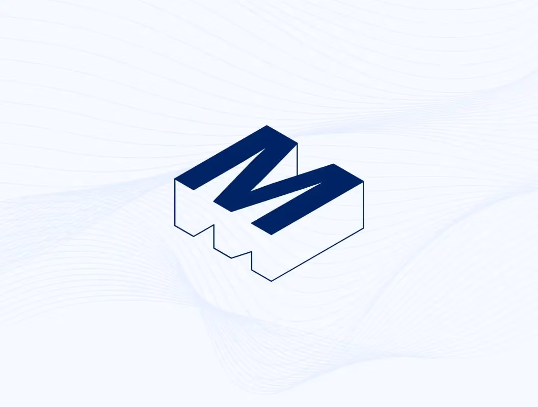 3D geometric letter M logo for creative design and development studio on abstract background.