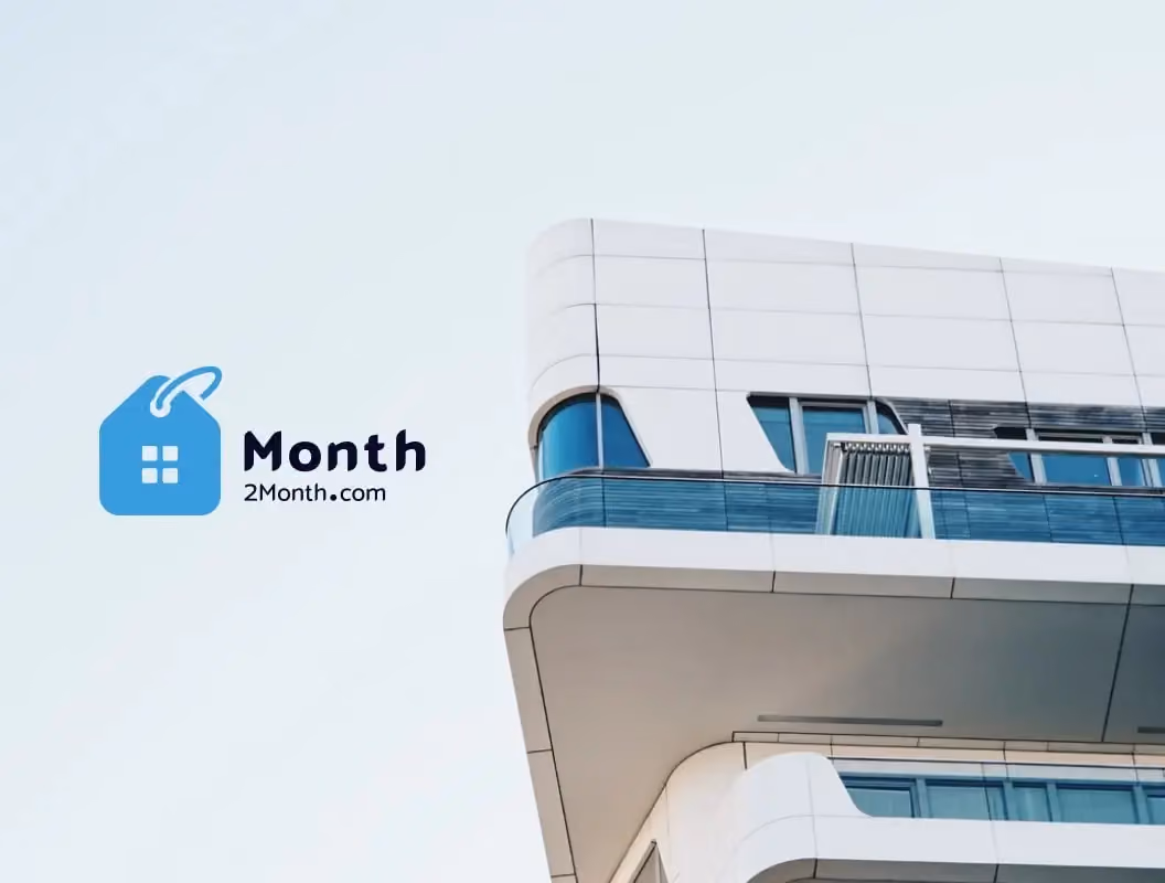 Modern architecture building with creative design studio logo and branding on clear sky background.
