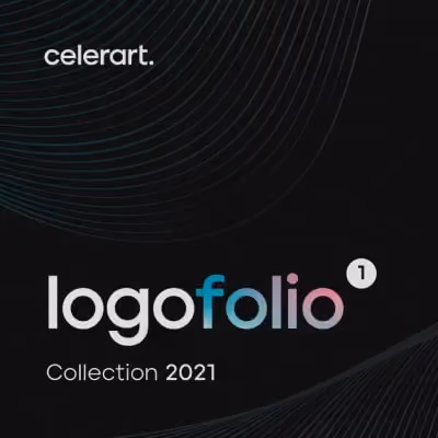 Celerart Logofolio 1 — gradient logo collection cover design from 2021 on black background.