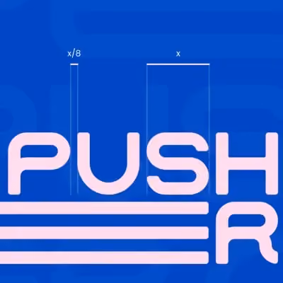 Typography logo for Push with geometric construction grid and spacing ratios on vibrant blue background.
