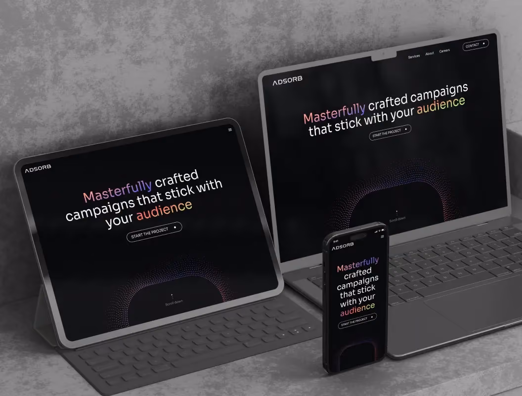 Responsive creative design studio website displayed on tablet, laptop, and smartphone screens for marketing.