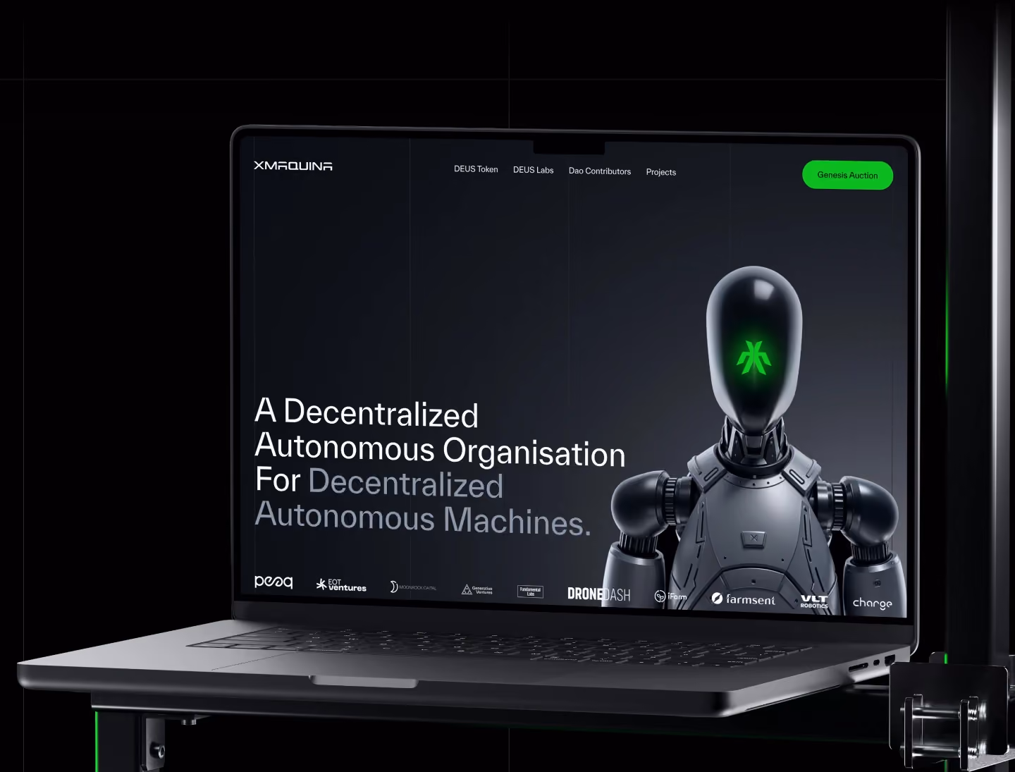 Laptop displaying creative design studio’s website with decentralized autonomous robots concept and dark futuristic theme.