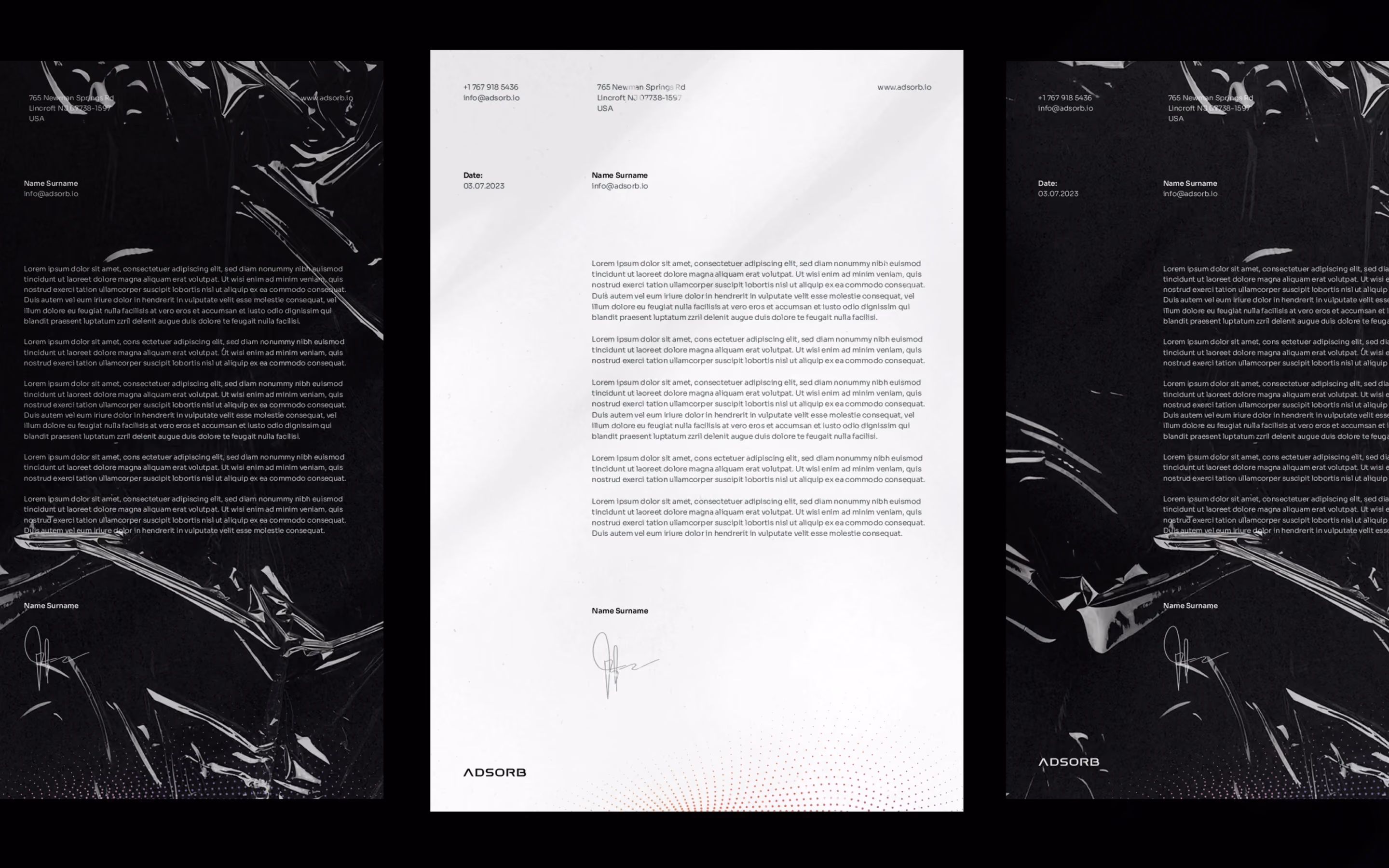 Stylish letterhead template for Adsorb with dark and light theme corporate stationery variations.