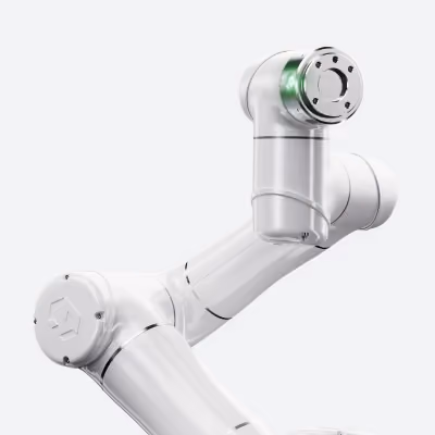 High-precision white robotic arm with green indicator for industrial automation.