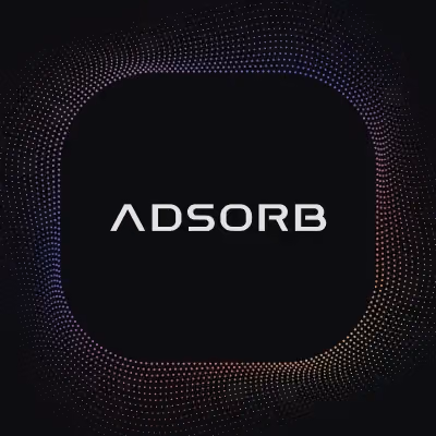 Adsorb logotype on black background with circular colorful dot pattern.
