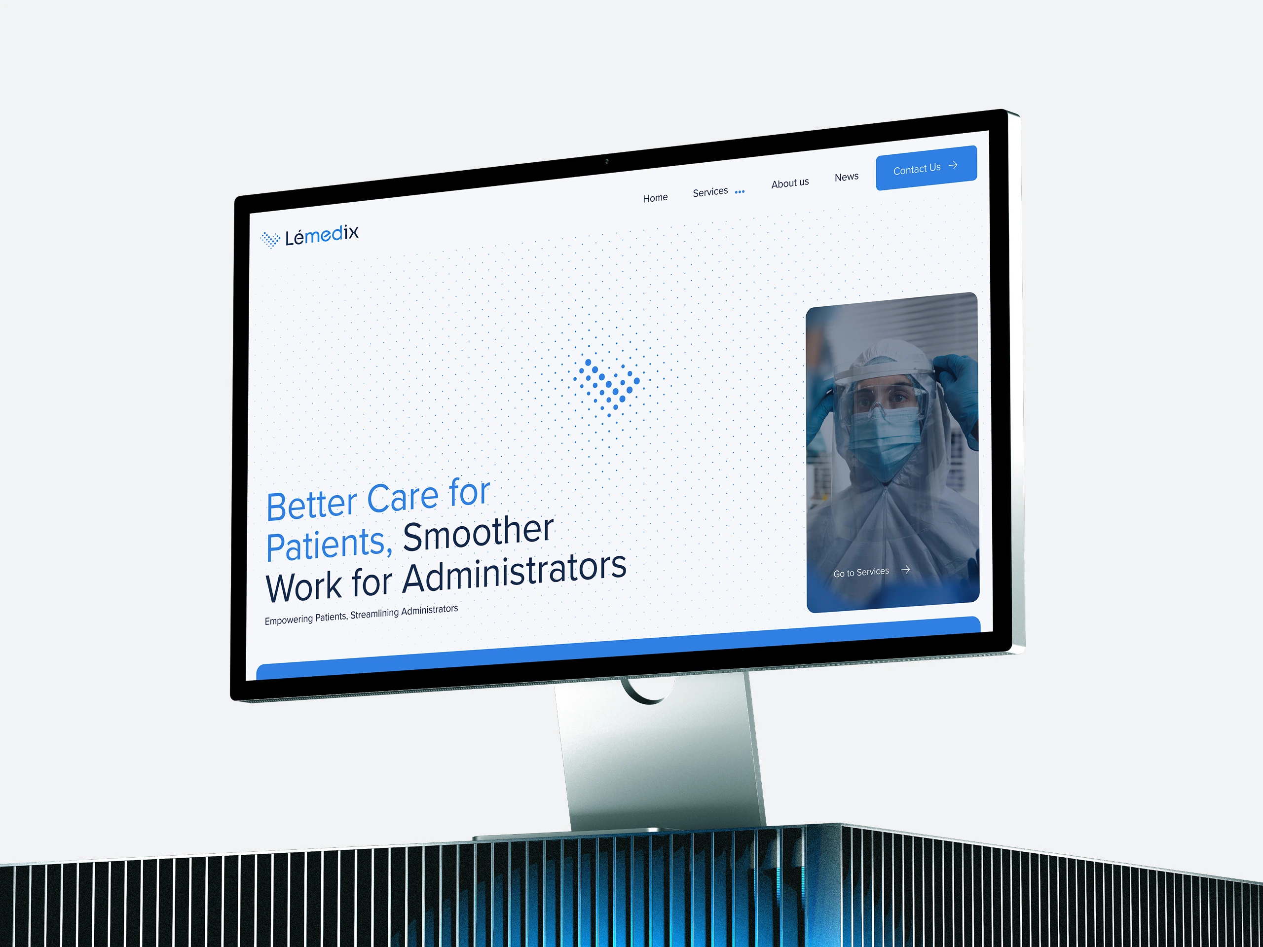 Desktop screen showing Lémedix healthcare platform homepage with messaging focused on improving patient care and easing administrator workflows.