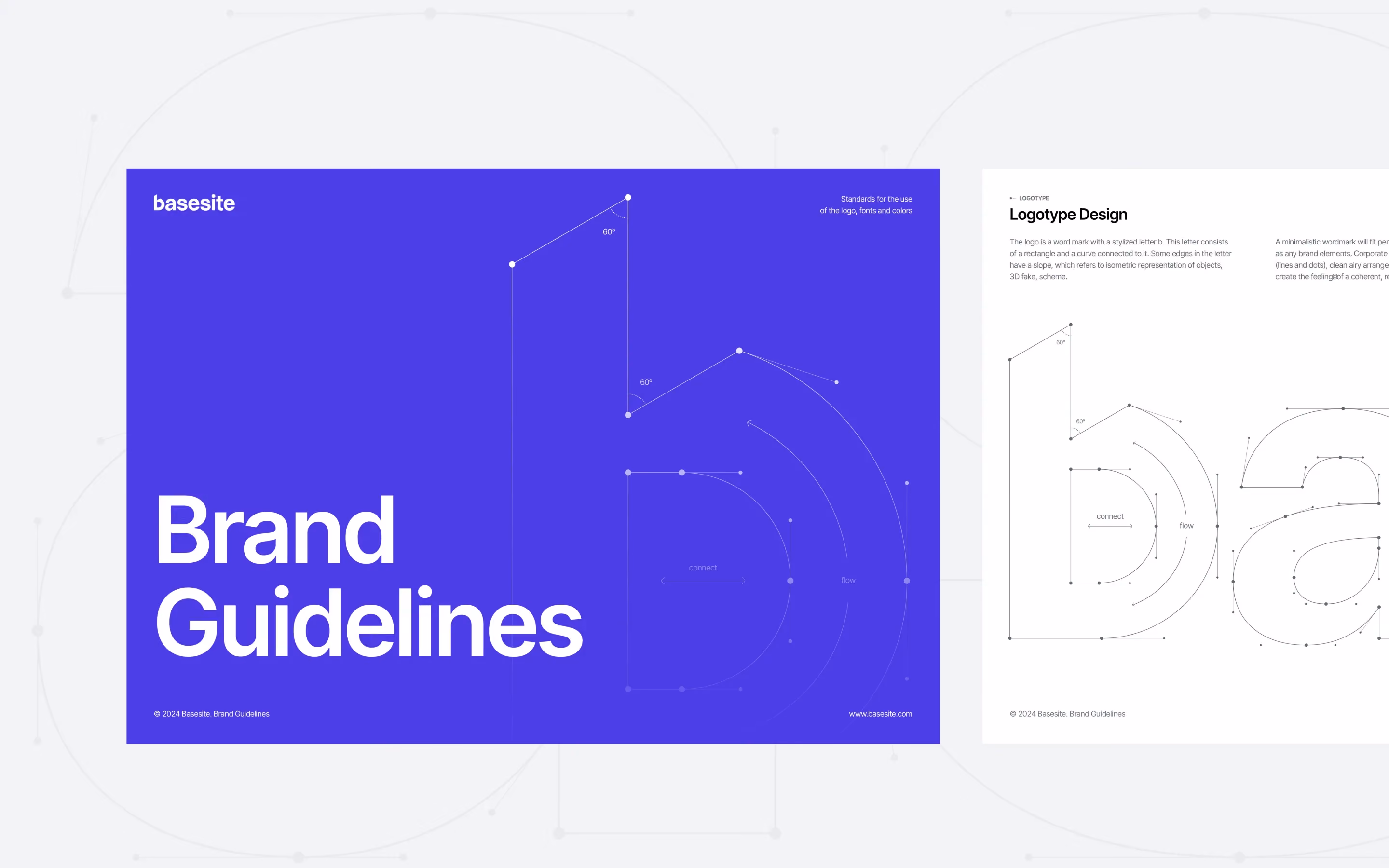 Cover of brand guidelines showing logo construction, typography, and visual identity design on purple and white backgrounds.