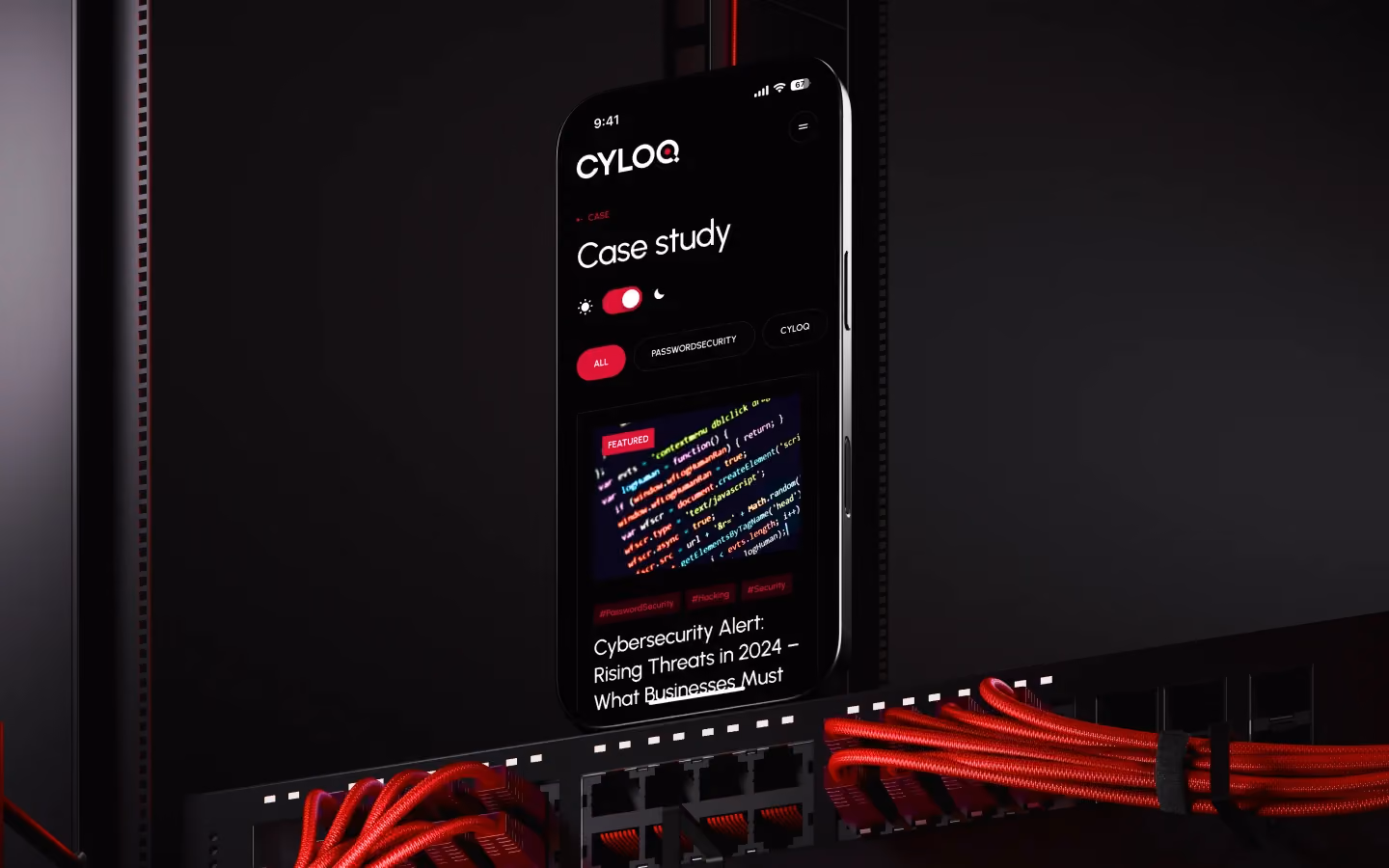 Cyloq cybersecurity mobile website design displayed in a server room environment with dark theme.