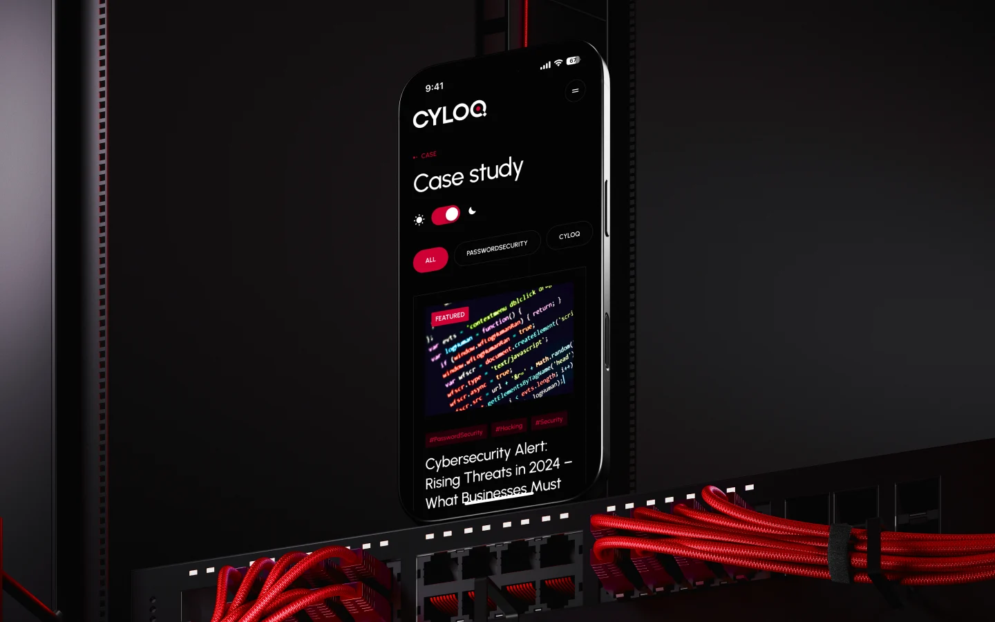 Cyloq cybersecurity mobile website design displayed in a server room environment with dark theme.