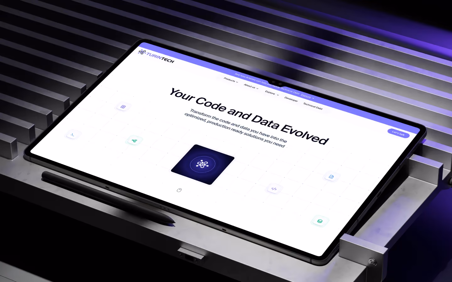 Tablet screen displaying a clean UI/UX interface for a tech company, set on a futuristic metal surface with dramatic lighting.