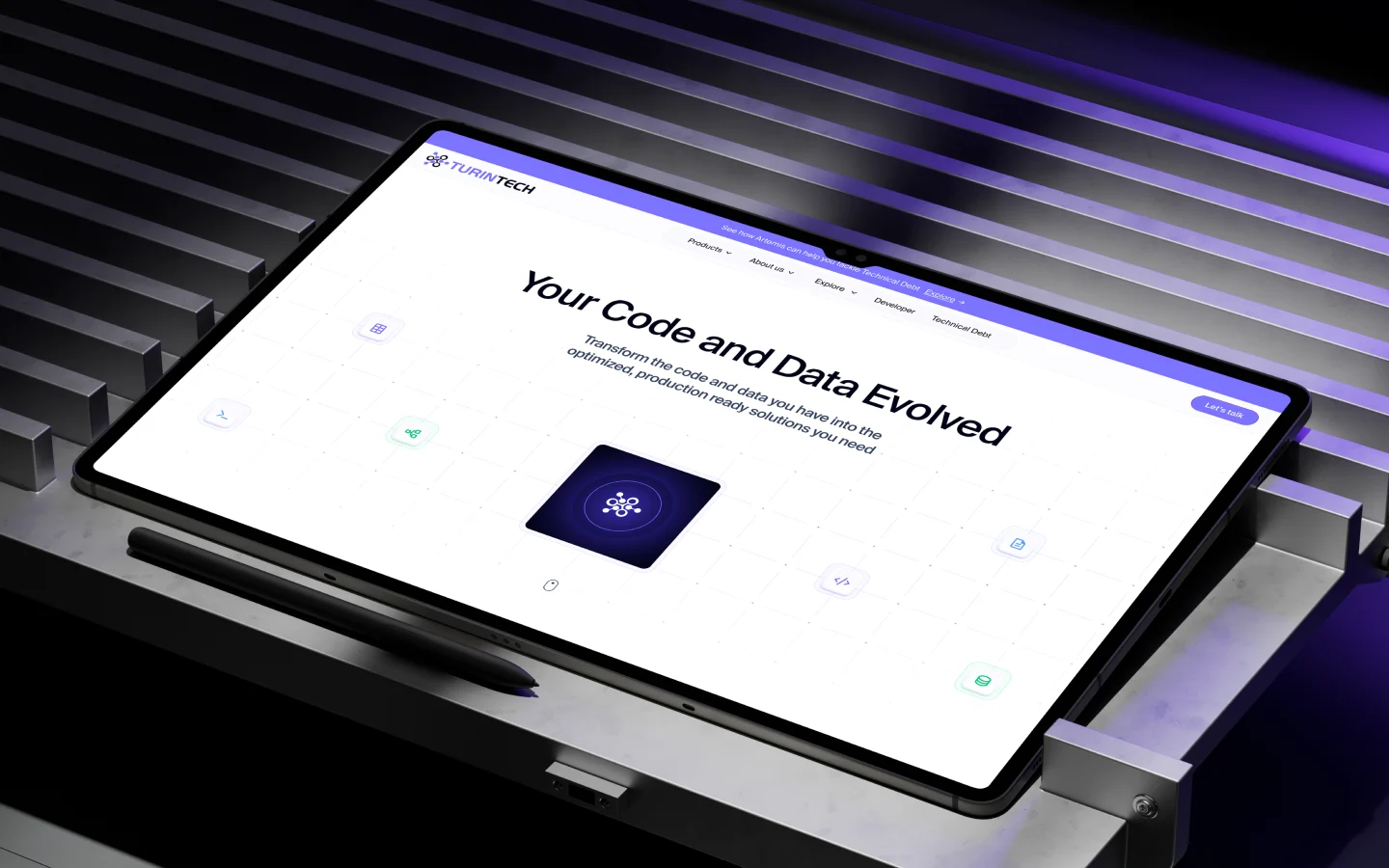 Tablet screen displaying a clean UI/UX interface for a tech company, set on a futuristic metal surface with dramatic lighting.
